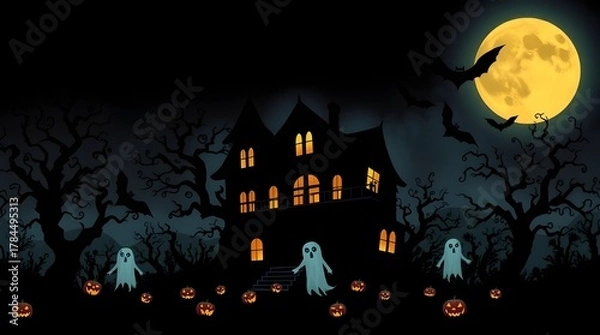 Fototapeta Spooky Halloween night background with haunted house silhouette, bats, and pumpkin under a dark October moon
