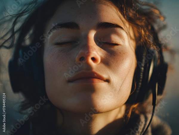 Obraz Young person with closed eyes enjoys music through large headphones, sunlight casting soft shadows on face, peaceful and relaxed outdoor atmosphere, natural expression