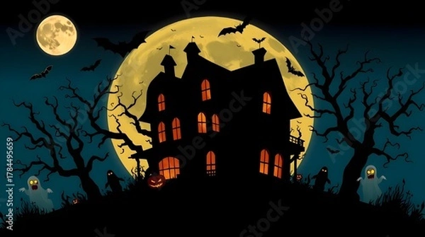 Fototapeta Spooky haunted house with pumpkins and bats on a dark Halloween night