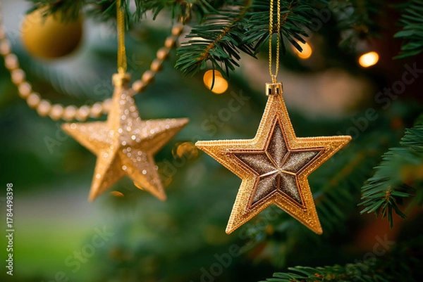 Fototapeta Golden Star Ornaments Hanging on Christmas Tree with Warm Holiday Glow and Sparkle