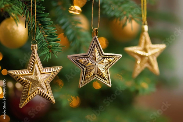 Fototapeta Golden Star Ornaments Hanging on Christmas Tree with Warm Holiday Glow and Sparkle