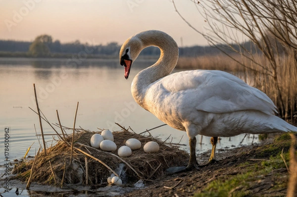 Fototapeta Swan nest eggs on the river bank