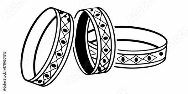 Fototapeta Three decorated bangles with geometric patterns in black and white line art illustration style