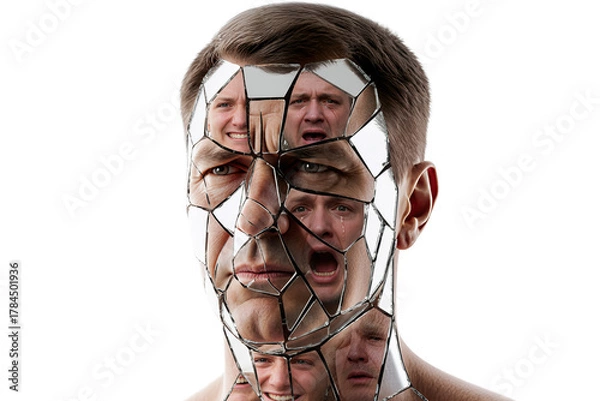 Obraz Shattered identity, conceptual portrait of man with depression, showing pain and multiple emotions in broken mirror reflections