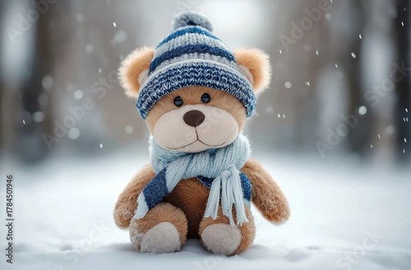 Fototapeta Teddy Bear in Winter Wonderland: A cozy teddy bear, wrapped in a warm hat and scarf, sits peacefully amidst a snowy landscape. Evoking a sense of comfort and serenity in winter.