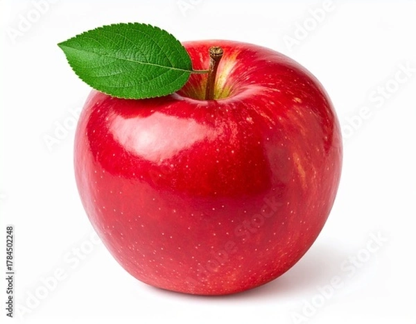Obraz A vibrant single red apple with a bright green leaf attached, a symbol of fresh organic food and a healthy lifestyle, isolated on a pure white background