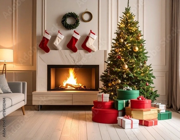 Obraz Warm and inviting living room decorated for the Christmas holidays with a lit fireplace and a pile of presents