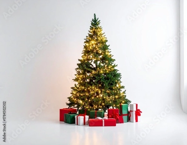 Obraz Elegant artificial Christmas tree glowing with warm lights surrounded by gift boxes, isolated on a seamless white backdrop
