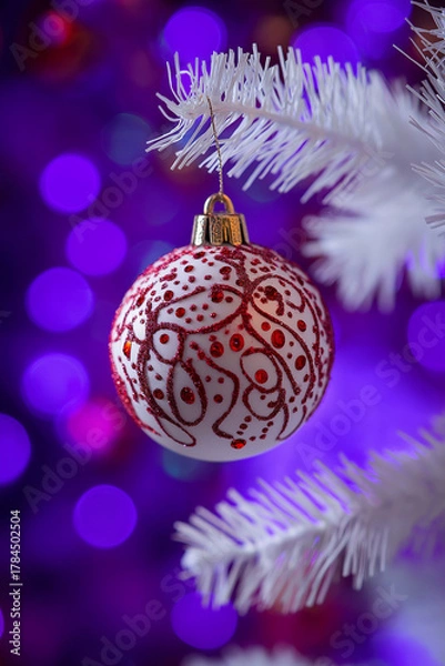 Fototapeta Red Glitter Christmas Ornament Hangs From White Pine Branch With Purple And Blue Lights