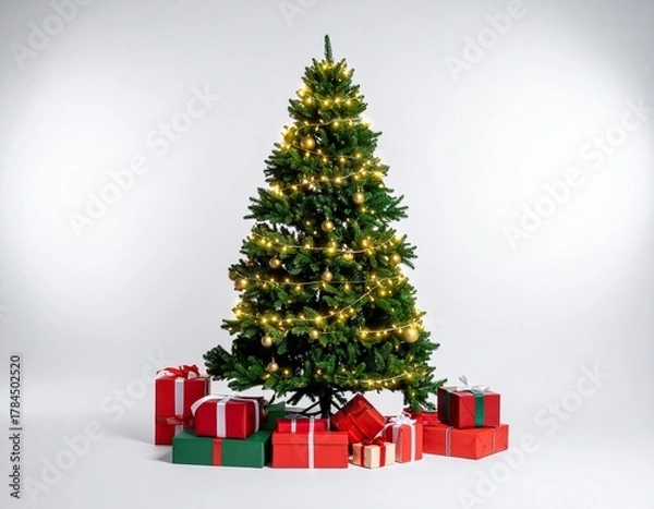 Obraz Festive Christmas Tree with Glowing Lights and Presents in a Bright Studio Setting