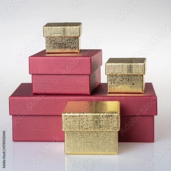 Obraz A charming arrangement of various sized red and golden gift boxes, perfect for festive celebrations, special occasions, and thoughtful presents