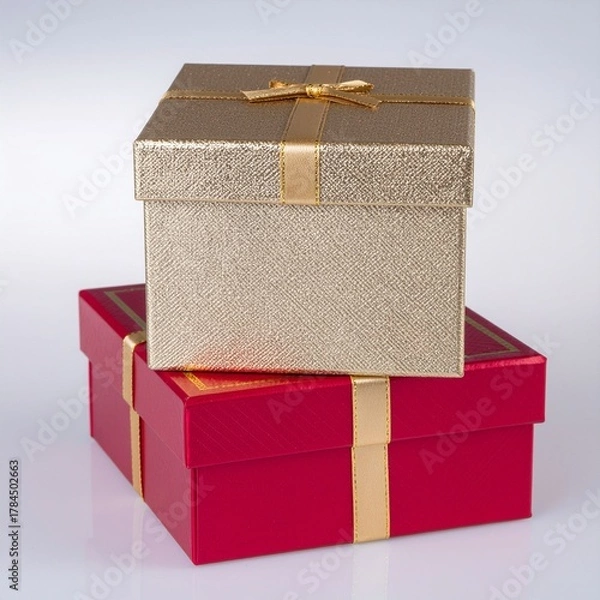 Obraz A luxurious stack of festive gift boxes in shimmering gold and rich red, adorned with elegant ribbons, perfect for special occasions and celebrations