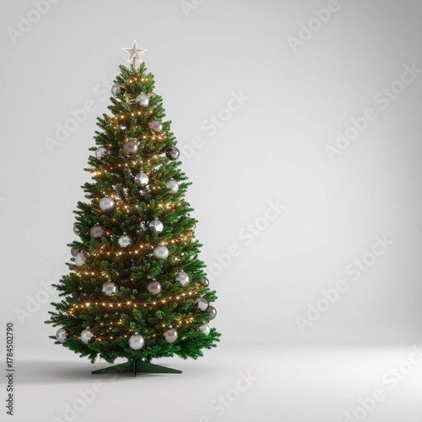 Obraz Elegant Christmas tree with glowing lights and festive decorations on a clean white background with ample copy space for text