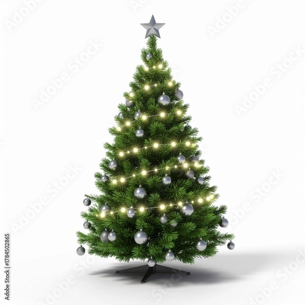 Obraz Brightly Lit Holiday Fir Tree Adorned with Shiny Silver Baubles and a Star Topper, Symbolizing Winter Festivities and Celebration on a Clean White Background