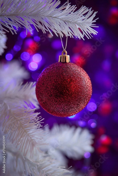 Obraz Red Glitter Christmas Ornament Hangs From White Pine Branch With Purple And Blue Lights