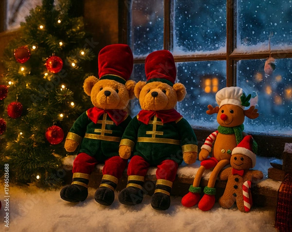 Obraz Cozy Christmas window scene with plush bears, reindeer, and gingerbread toy by the tree. Snow outside and warm lights create magical holiday atmosphere.