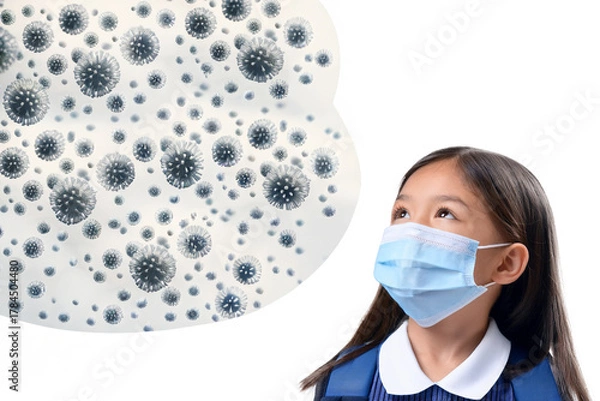 Obraz 風邪をひかないようにマスクをする少女と漂うウイルス
