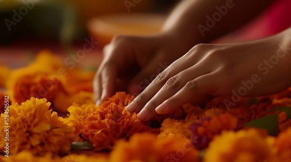 Obraz Crafting beauty, hands arrange marigolds. A close-up showcases the dedication to culture and celebration. Feel the warmth and connection in this vibrant scene.