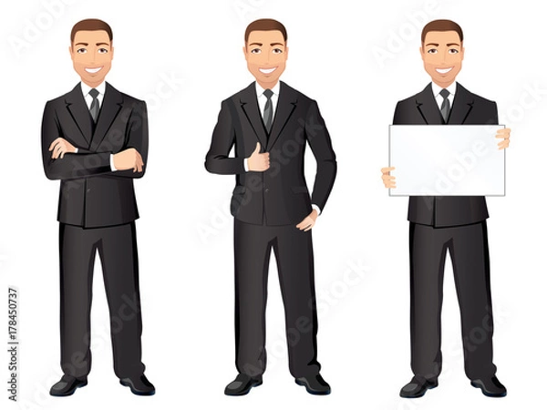 Fototapeta Business man in black suit in different poses. Confident handsome man, full length, dress code. Flat design, vector cartoon illustration