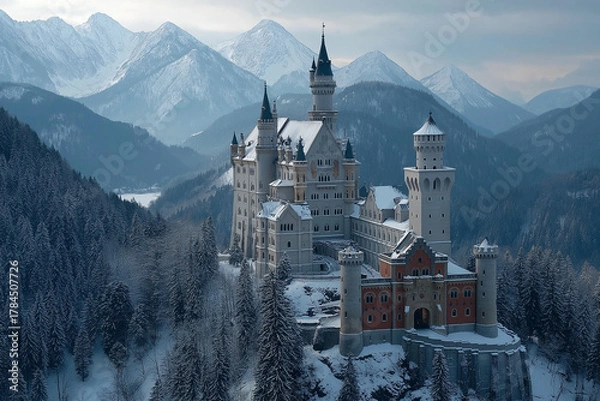 Obraz Fairy Tale Castle Surrounded by Snowy Alps Under Winter Sky and Forest