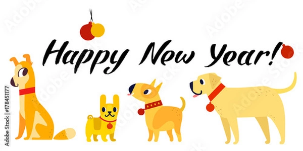 Obraz Funny yellow dogs symbol of year 2018. Flat style, vector illustration isolated on a white background. Happy New Year lettering