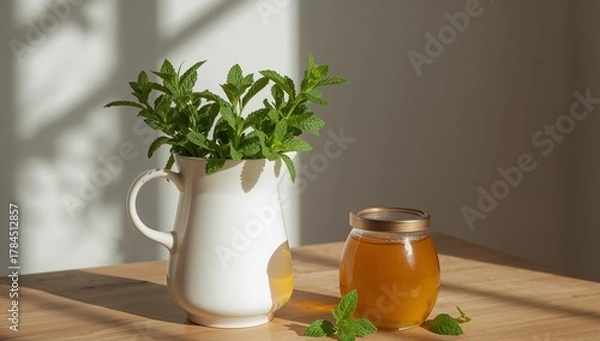 Fototapeta Still Life Composition with Green Herbs in a White Pitcher and a Glass Jar.