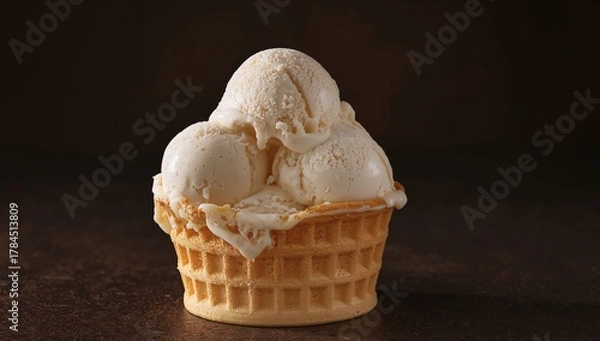Fototapeta Sweet Delights, A Culinary Still Life of Creamy Ice Cream in a Textured Waffle Cone.