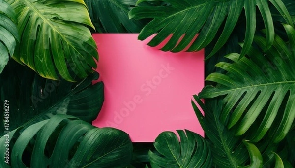Fototapeta Tropical Foliage Backdrop with a Solid Pastel Rectangle, a Botanical Still Life.