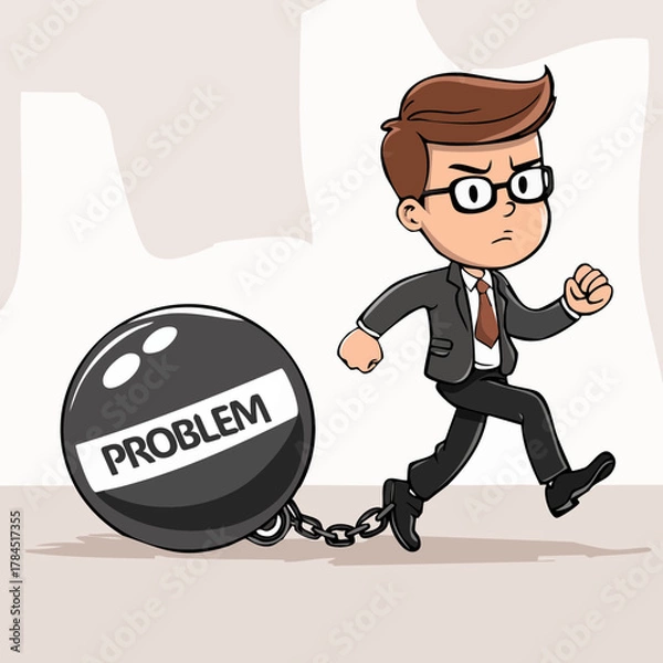 Obraz Cartoon Businessman Chained to a Problem Ball While Running – Stress and Struggle Concept