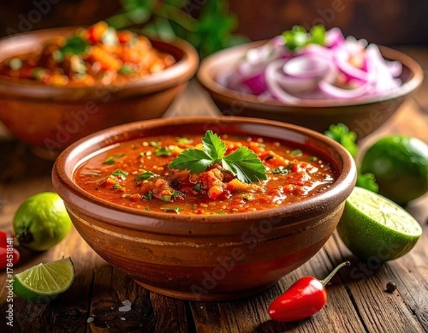 Obraz Close Up Shot Of Red Salsa And Ingredients On A Rustic Wooden Table