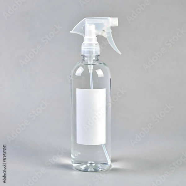 Fototapeta Clear spray bottle with a white label on a gray background for cleaning purposes