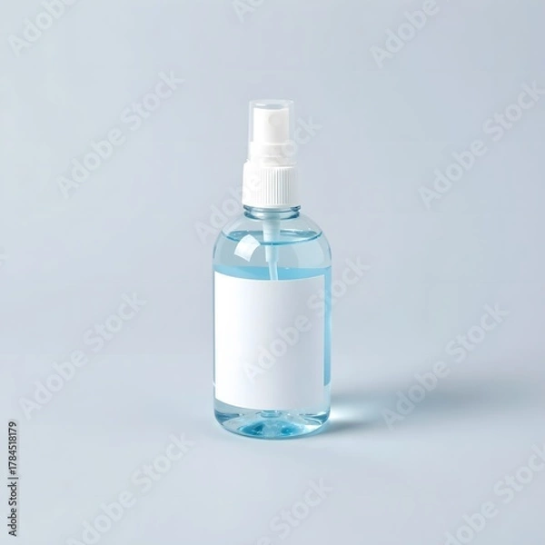 Fototapeta Blue spray bottle with a white label on a light blue background for sanitizing purposes
