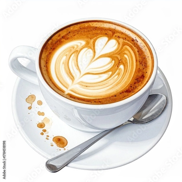 Obraz Watercolor Latte Art Coffee Cup on Saucer with Spoon White Background