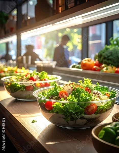 Obraz Fresh Salad Bowls Displayed on Wooden Countertop with Blurred Background and Warm Lighting