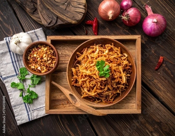 Obraz Overhead View of Savory Fried Food in Wooden Bowl with Garnishes on Dark Wood Table
