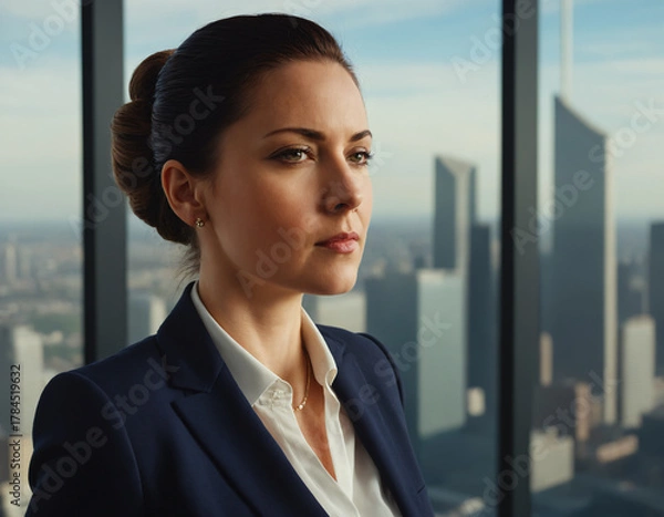 Fototapeta Portrait of a businessman, viewed from a high-rise office with a city panorama. Generative artificial intelligence