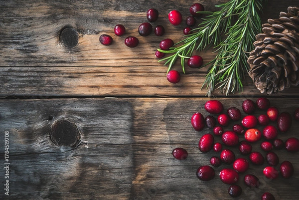 Obraz Rustic Christmas Still Life With Pinecones Rosemary and Cranberries on Weathered Wood Table