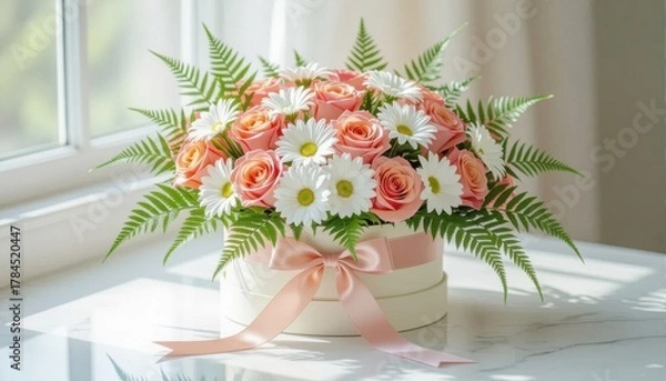 Obraz Floral arrangement of pink roses and white daisies in a round box with a satin bow