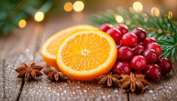 Fototapeta Fresh orange slices and cranberries with pine and spices on wood  