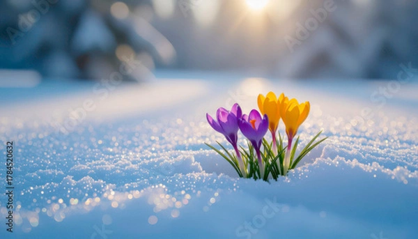 Fototapeta Multicolored crocuses blooming under the snow, the first flowers