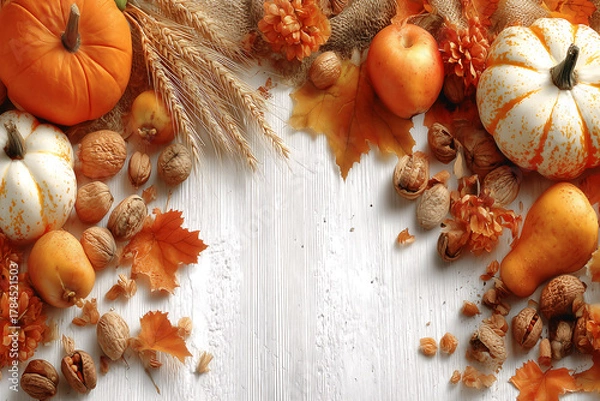 Obraz Autumn Harvest Elements on a Rustic White Background