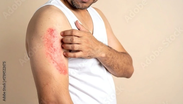 Fototapeta Red inflamed itchy skin patch on arm, medical condition, plain background