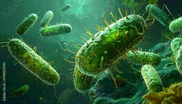 Fototapeta Microscopic Chlamydia trachomatis bacteria visualized on a deep green background