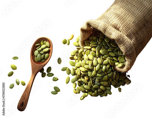 Fototapeta Rustic Autumn Flat Lay with Raw Pumpkin Seeds and Natural Farm Elements