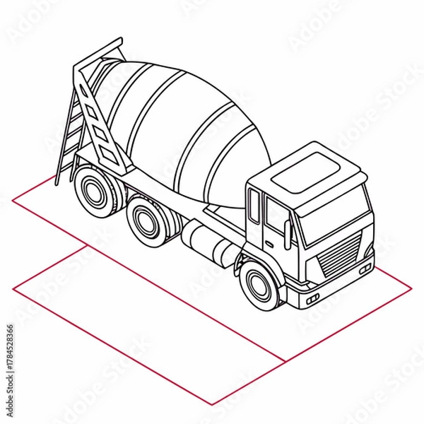 Fototapeta Isometric cement mixer truck illustration, showcasing a detailed line drawing of a construction vehicle with a clean design