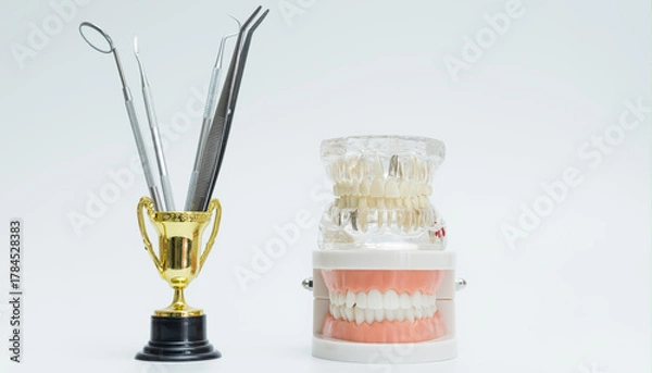 Fototapeta Dental Trophy with Tools and Jaw Models Display