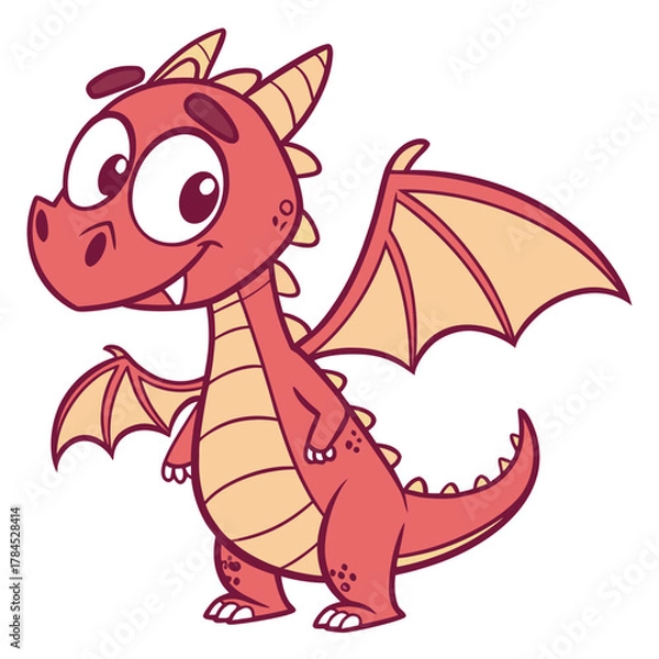 Fototapeta A cartoon illustration of a cute red dragon with yellow wings and belly, the dragon is smiling and waving its hand
