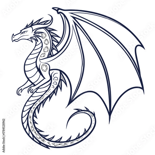 Fototapeta Detailed dragon illustration featuring intricate scales and powerful wings, capturing the essence of a legendary creature