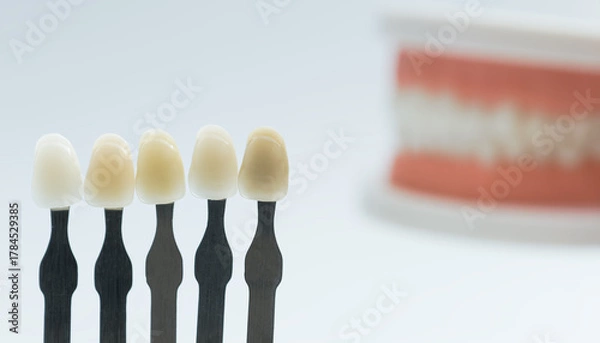 Fototapeta Tooth color comparison with dental model in background
