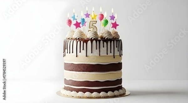 Obraz Chocolate Drip Birthday Cake with Colorful Candles and Number Topper